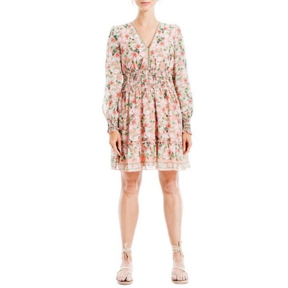MAX STUDIO Geometric Floral Print Smocked Waist Dress Coral Green Hibiscus L NWT - Picture 11 of 12
